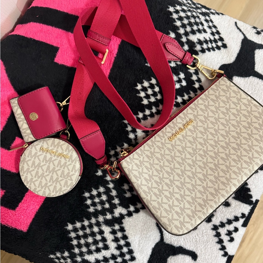 Michael Kors Cream and Burgundy Crossbody Bag Set